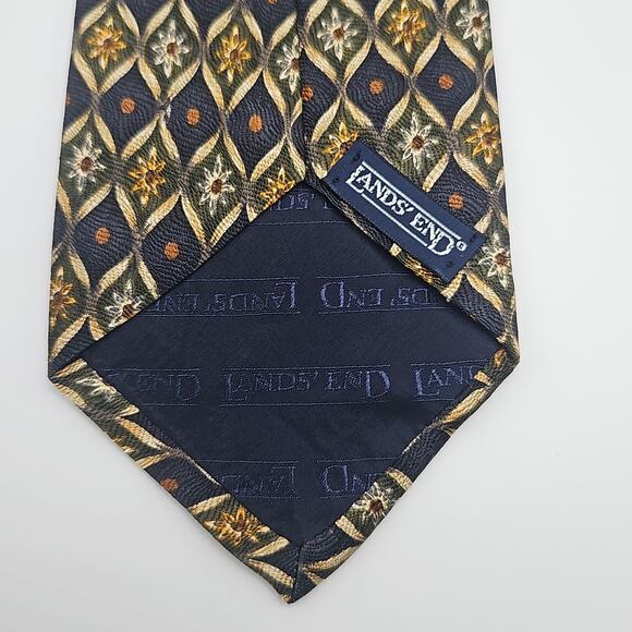 Lands End Geometric Silk Tie Floral Foulard Navy Green Designer USA 56.5" - Picture 4 of 5